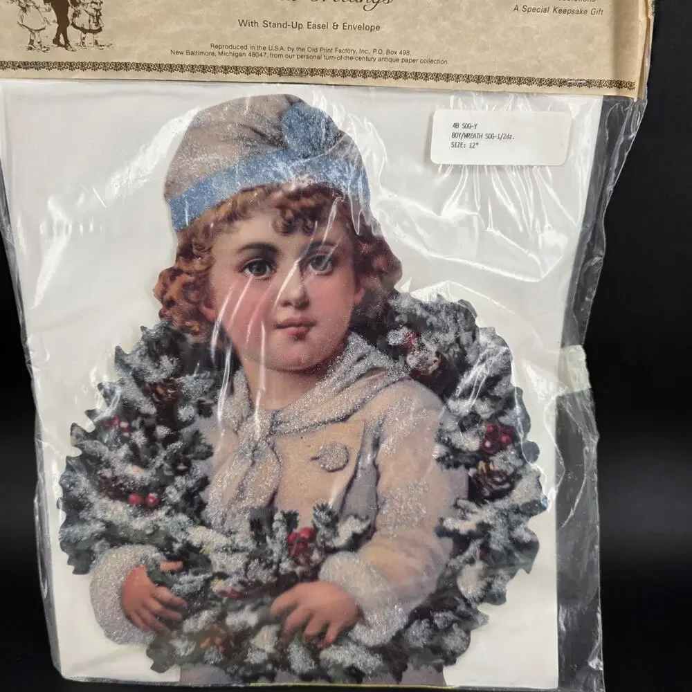 3 Vintage Style Die-Cut Greetings Boy with Wreath Christmas Cards Old Print